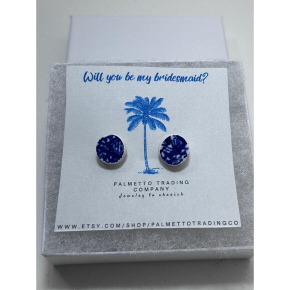 Chinoiserie Blue White Gold Earrings from Broken Fine China Weddings Gift Ribbon - Picture 2 of 8